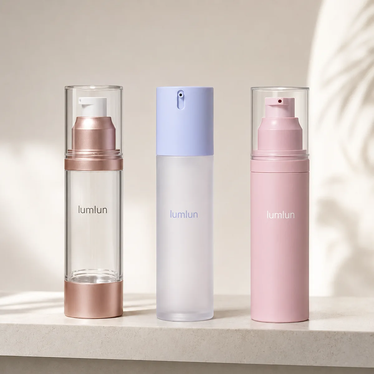 Airless pump bottles in clear, frosted, and colored finishes showing how material and finish change skincare shelf appearance