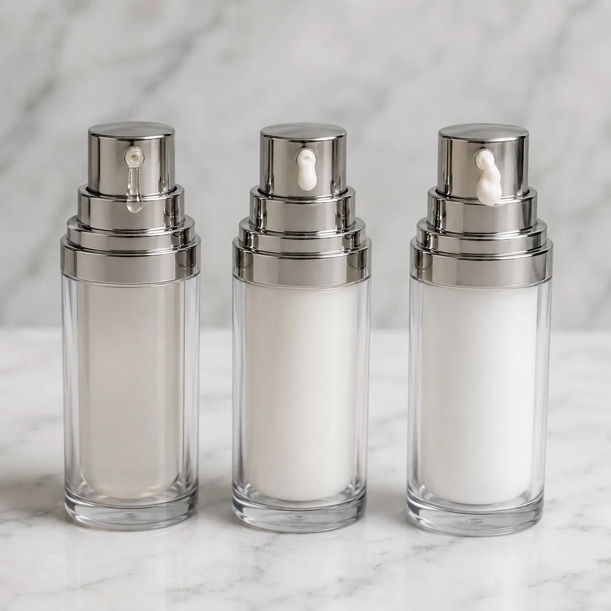 Three airless pump bottles dispensing thin serum, lotion, and thick cream showing how pump output matches each formula