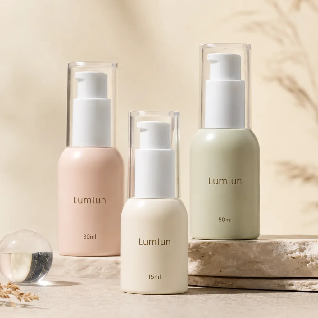 Three PP airless pump bottles for serum and lotion in 15ml 30ml and 50ml pastel color
