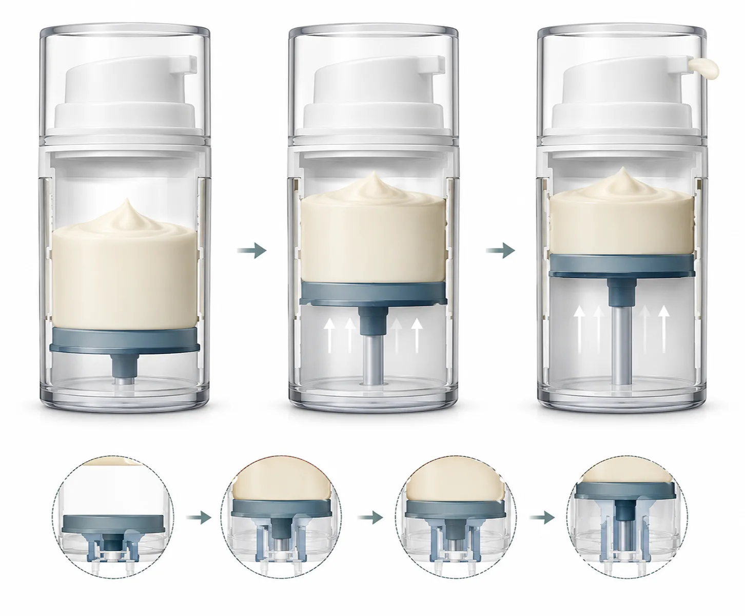 Cross-section of an airless pump jar showing the piston disc rising to push thick cream up and out with each press