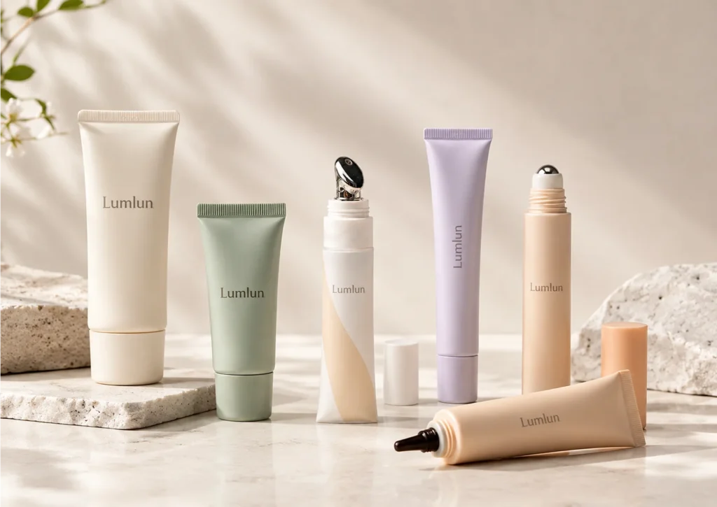 Six LumLun cosmetic tubes in different sizes, colors, and applicators including rollerball and metal tips for a skincare range
