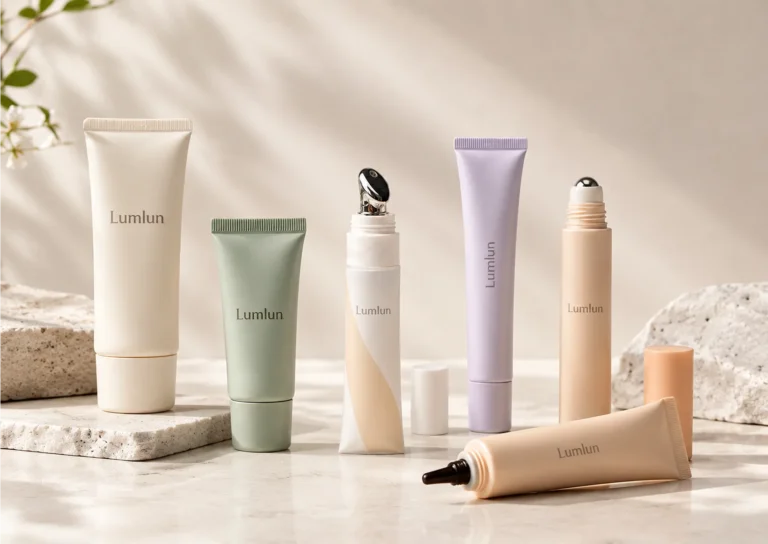 Six LumLun cosmetic tubes in different sizes, colors, and applicators including rollerball and metal tips for a skincare range