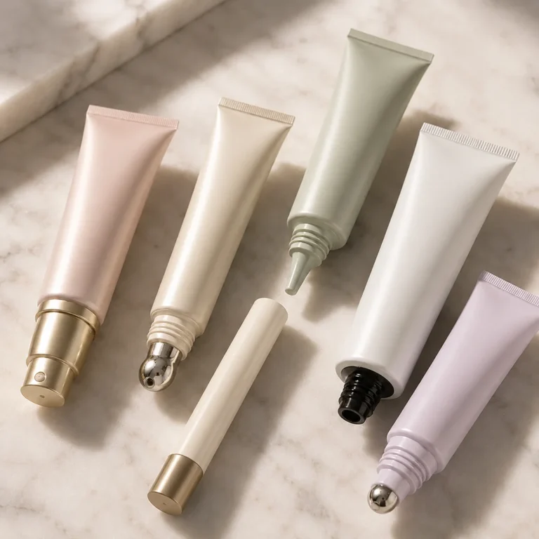 Cosmetic tubes with nozzle tips, metal rollerball applicators and pump caps showing applicator and closure options for skincare