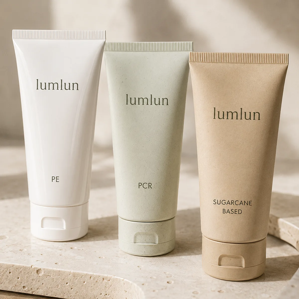 Cosmetic tubes in standard PE, PCR recycled, and sugarcane-based materials showing sustainable options for skincare brands