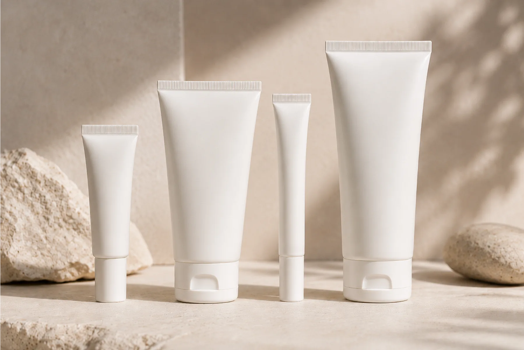 Different cosmetic tubes sized for eye cream, sunscreen, lip care, and face cream showing how to match tube to product type