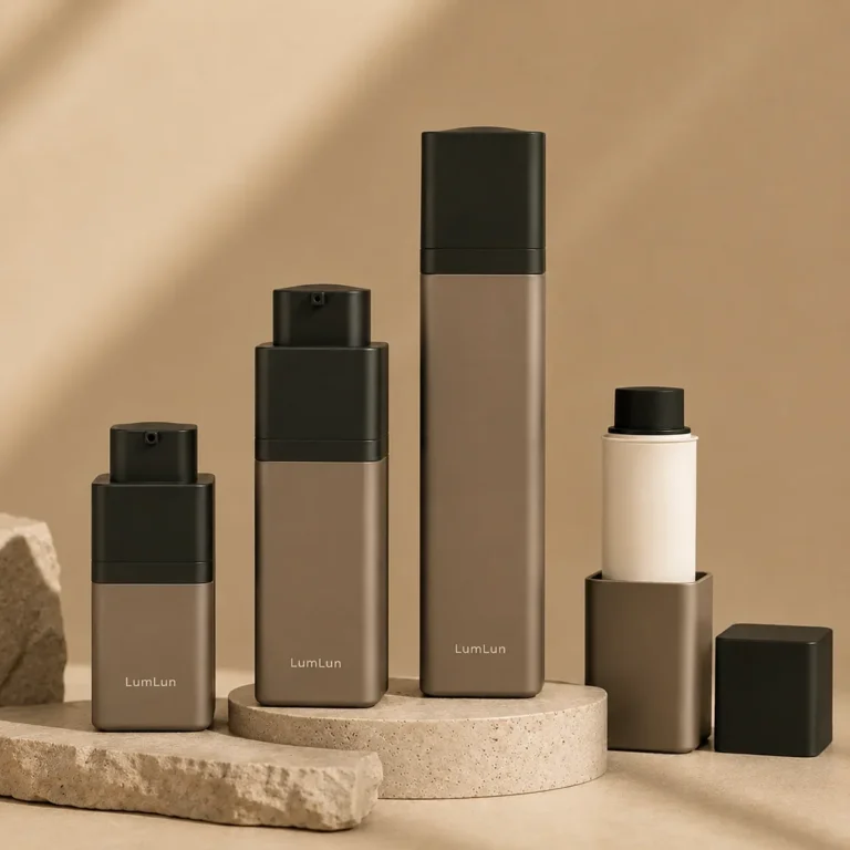 Matching square custom airless bottles in different sizes with a refillable inner bottle showing a consistent skincare product line