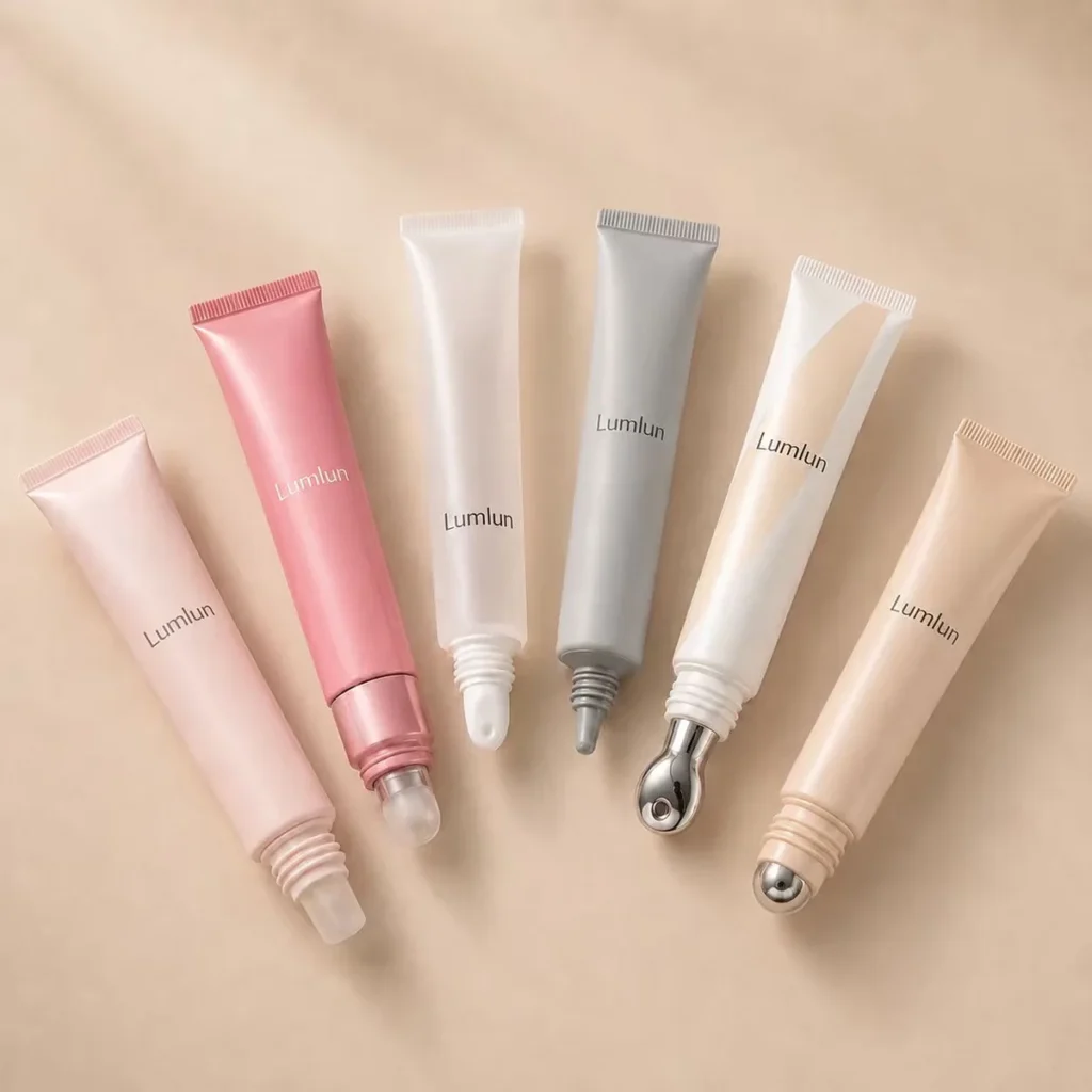 Six LumLun cosmetic tubes fanned out in custom colors and finishes with silicone, nozzle, alloy massage and rollerball applicator tips