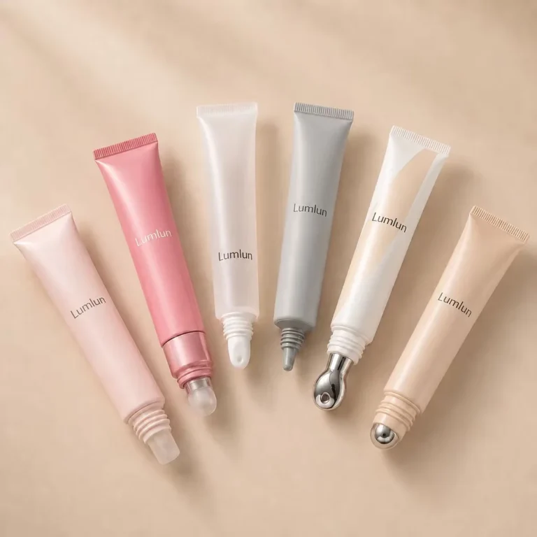Six LumLun cosmetic tubes fanned out in custom colors and finishes with silicone, nozzle, alloy massage and rollerball applicator tips