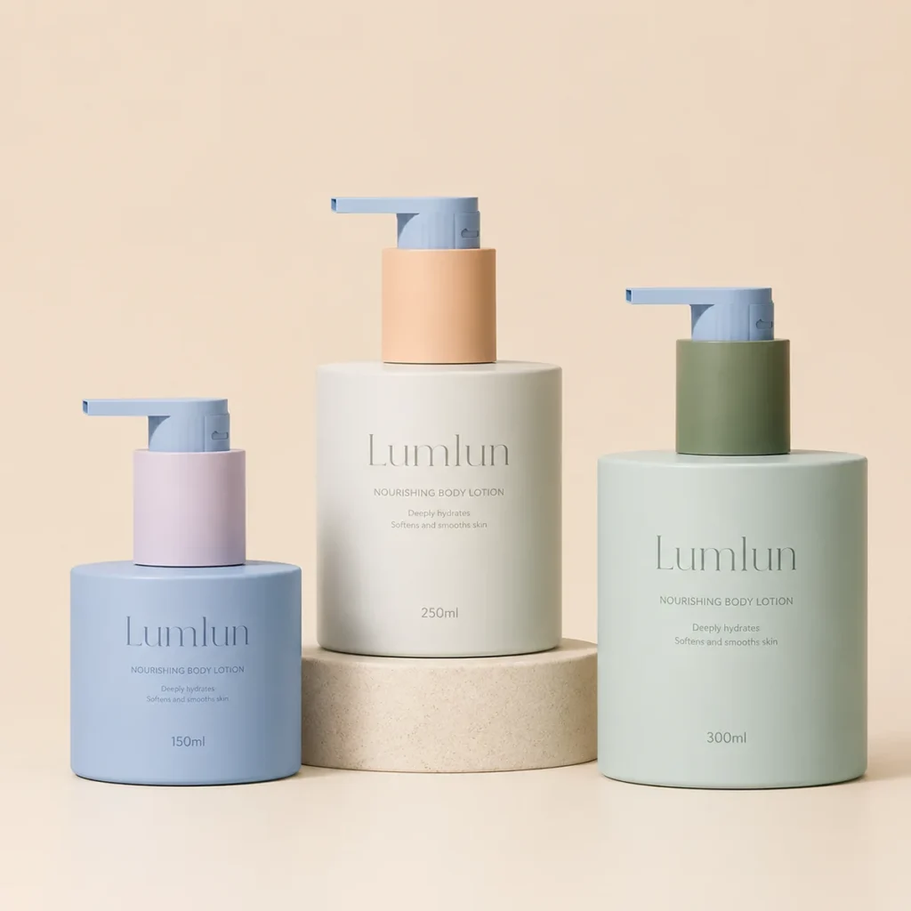 Custom PE lotion pump bottle in 150ml 250ml 300ml — cylinder shape, matte pastel finish, two-tone pump head in blue and contrasting collar colors, body care OEM