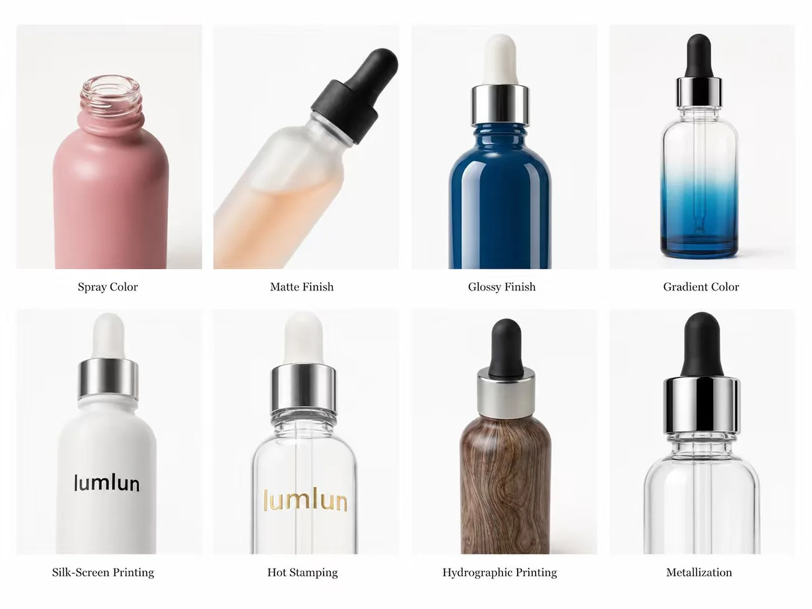 Eight custom serum bottle finishes including spray color, matte, glossy, gradient, hot stamping and metallization