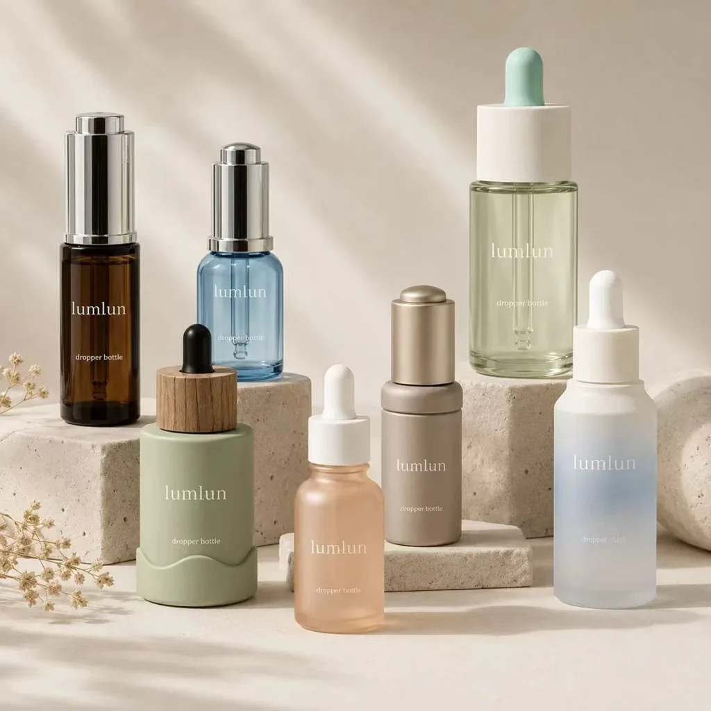 Collection of custom serum bottles in different shapes, colors and dropper styles for skincare brands