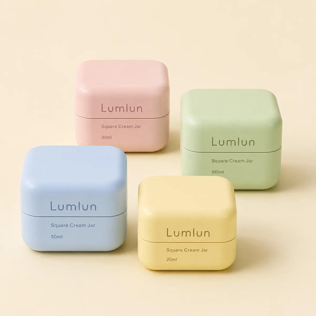 Custom square PP cream jars in 20ml 30ml 50ml and 100ml four Pantone colors OEM skincare packaging