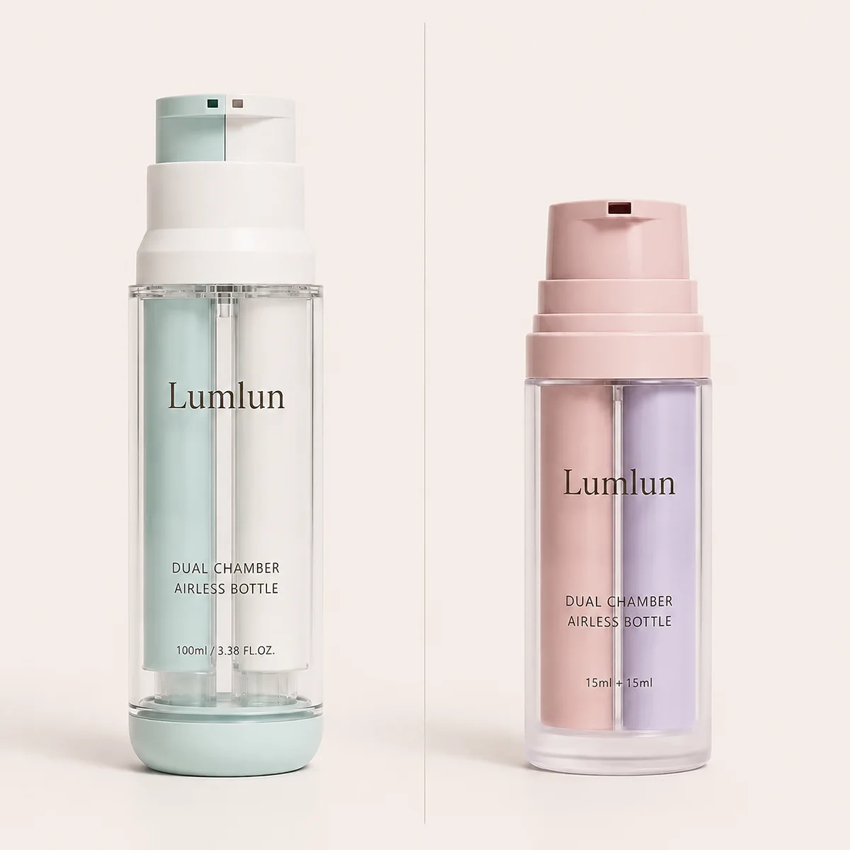 Lumlun dual chamber airless bottle showing two separate independent inner chambers holding two formulas side by side available in 100ml and 15ml plus 15ml sizes
