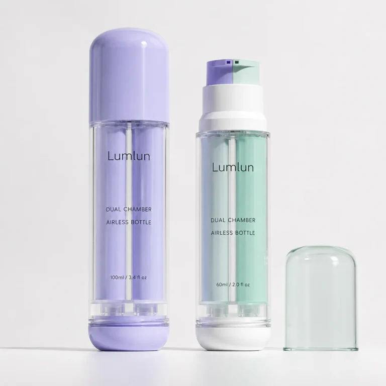 Dual chamber airless bottle with twin pump head and AS cap, transparent PETG body, 100ml and 60ml
