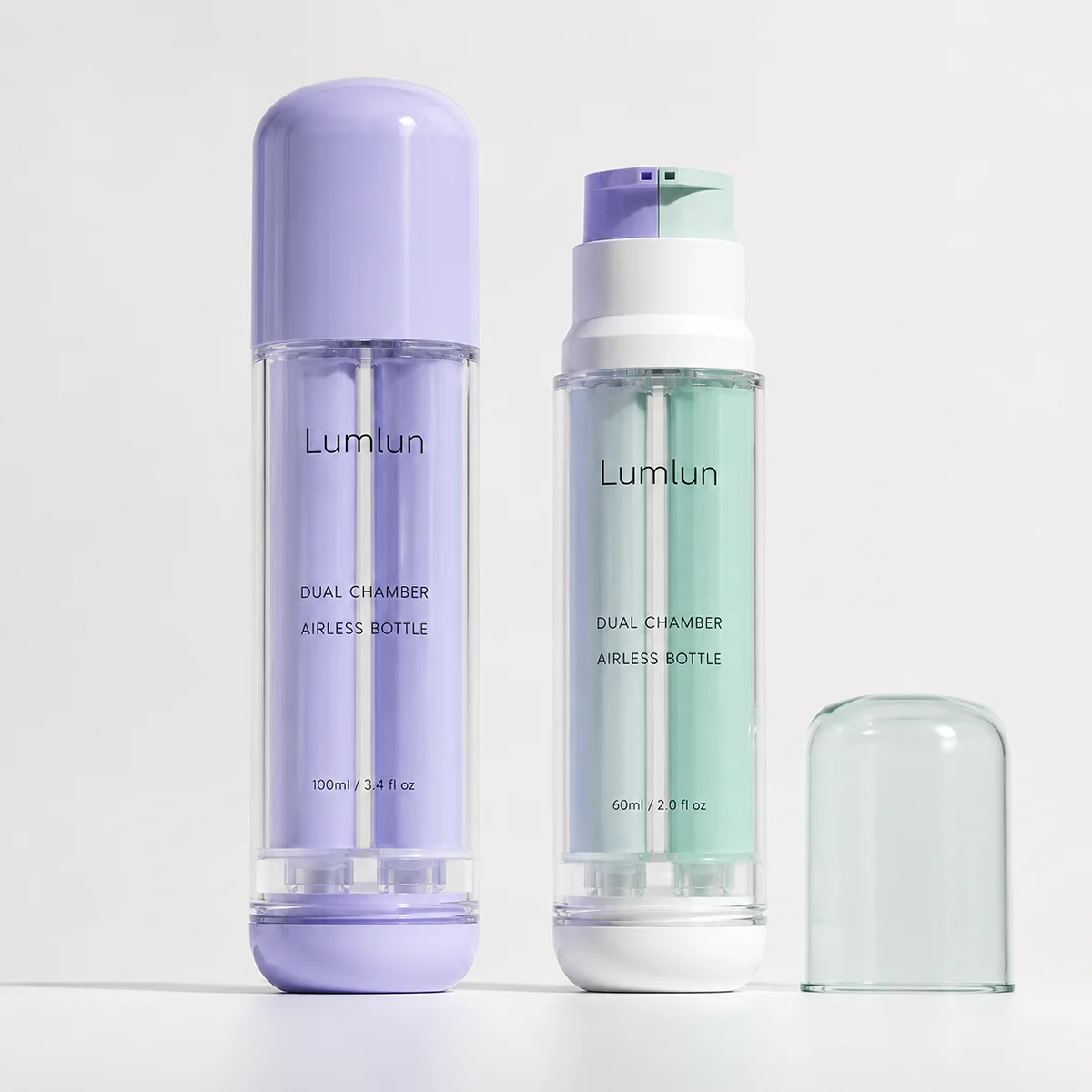 Dual chamber airless bottle with twin pump head and AS cap, transparent PETG body, 100ml and 60ml