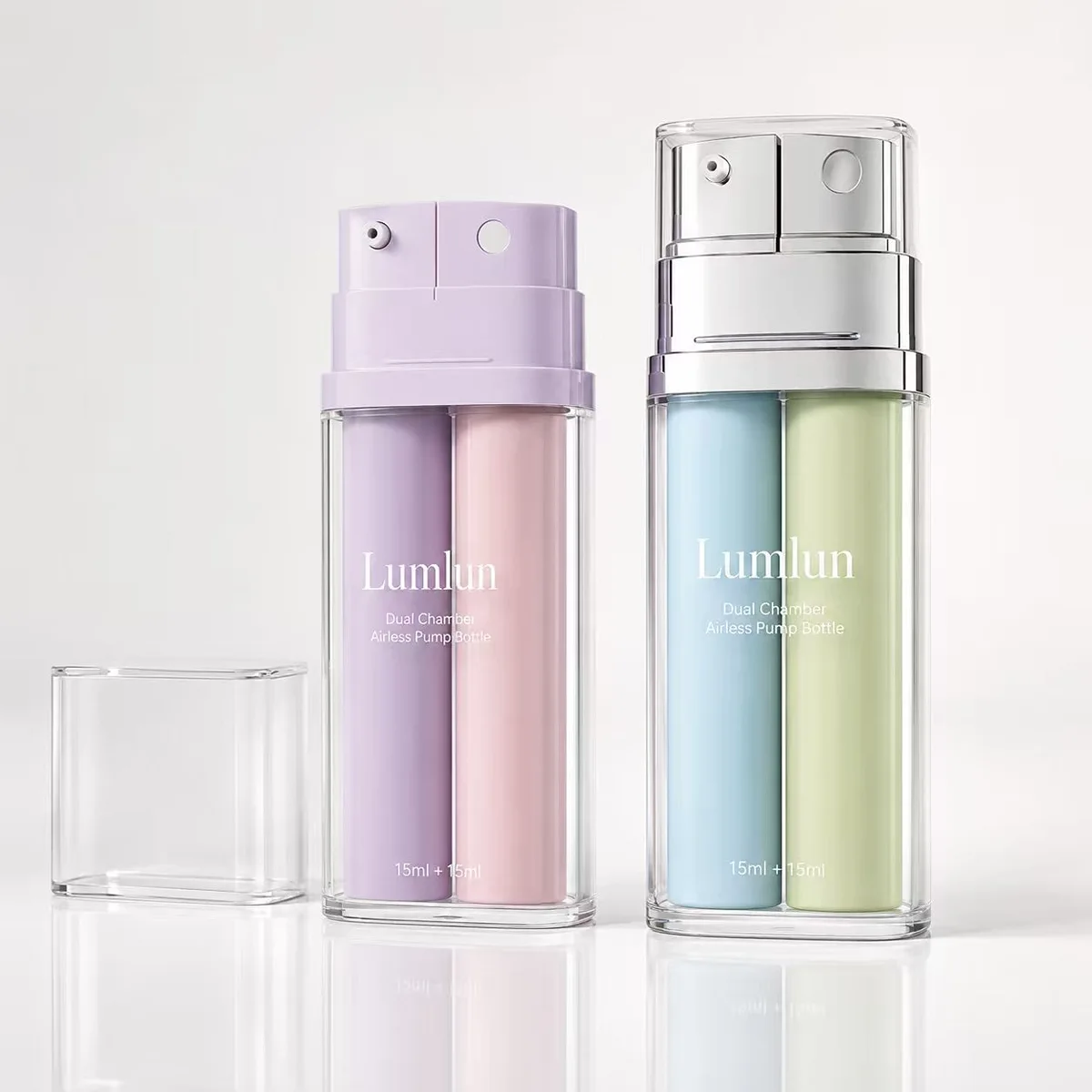 Lumlun dual chamber airless bottles with fine mist spray pump and lotion pump configuration in pastel colorways for pairing water-based and cream formulas