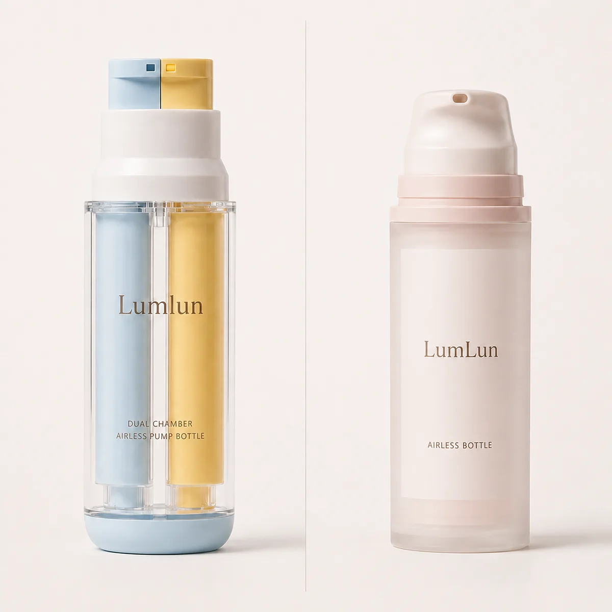 Comparison of a Lumlun dual chamber airless bottle with two separate pumps and chambers next to a regular single-chamber airless bottle showing two formulas versus one