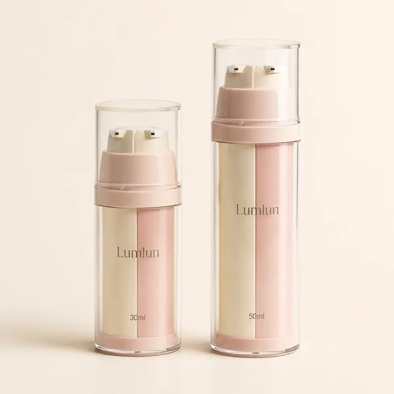 PMMA dual pump airless bottle 30ml and 50ml in blush pink custom OEM skincare packaging
