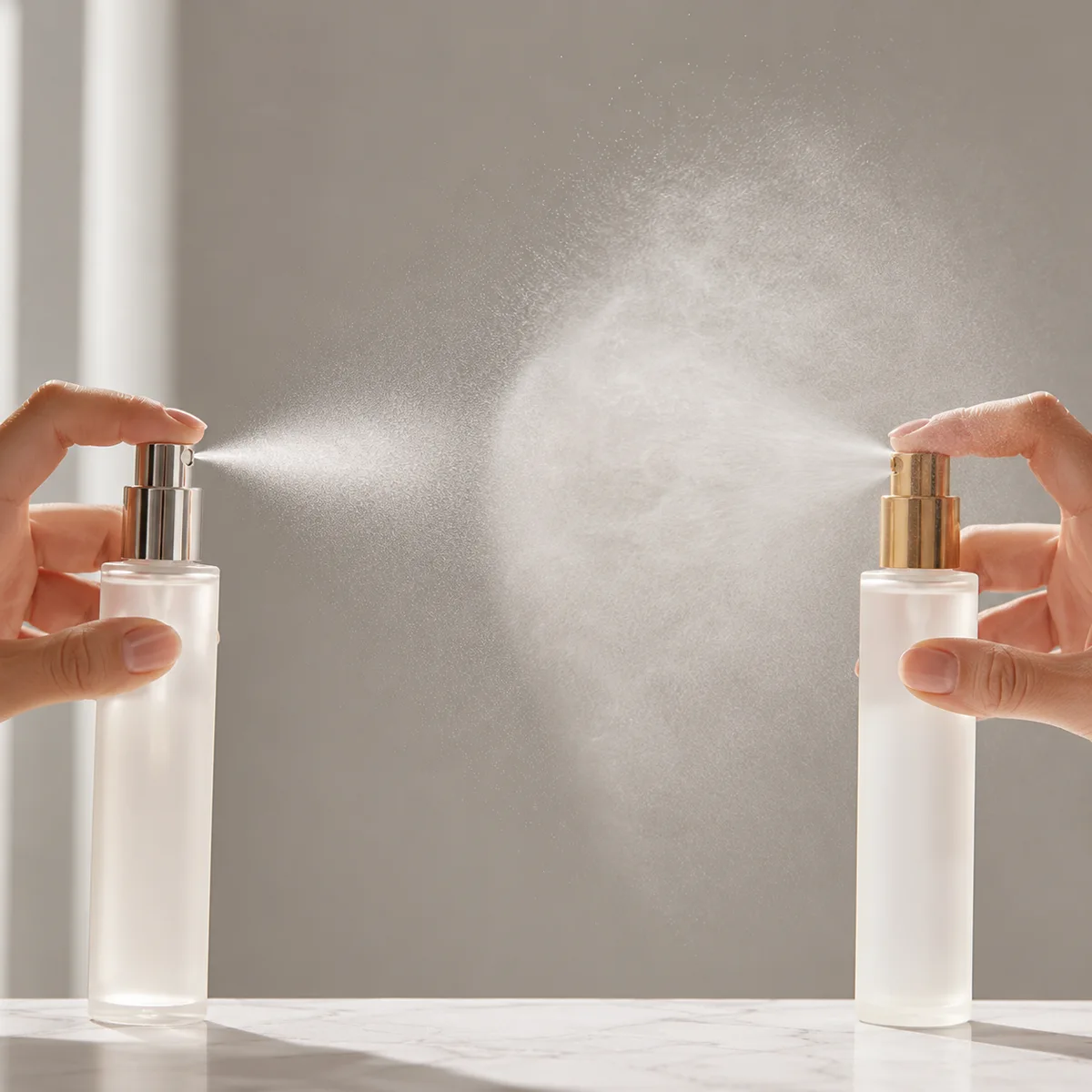 Two frosted fine mist spray bottles with silver and gold pumps spraying a soft even facial mist against a gray background