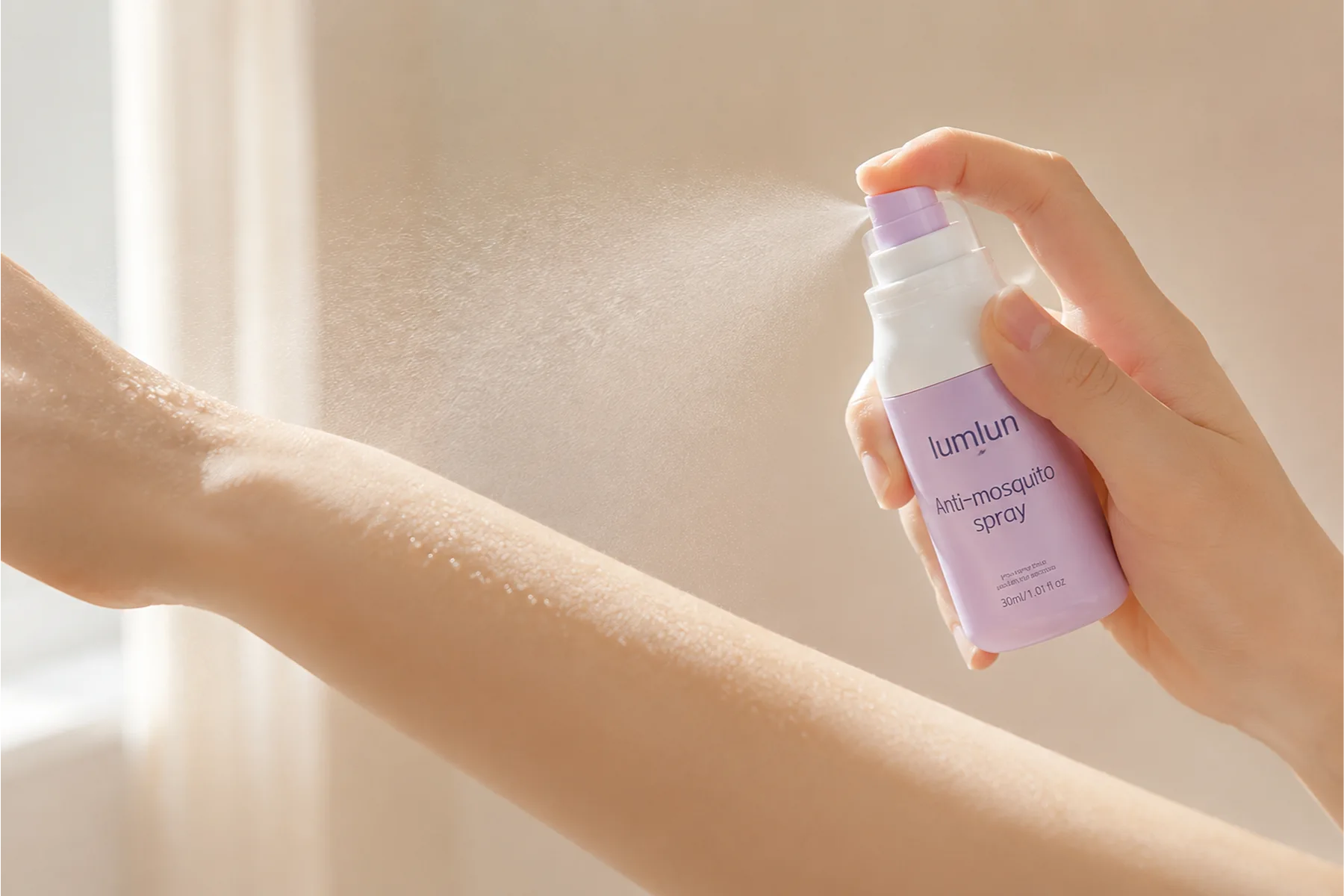 Lavender fine mist spray bottle releasing a delicate even mist onto skin in soft backlight showing a premium spray feel