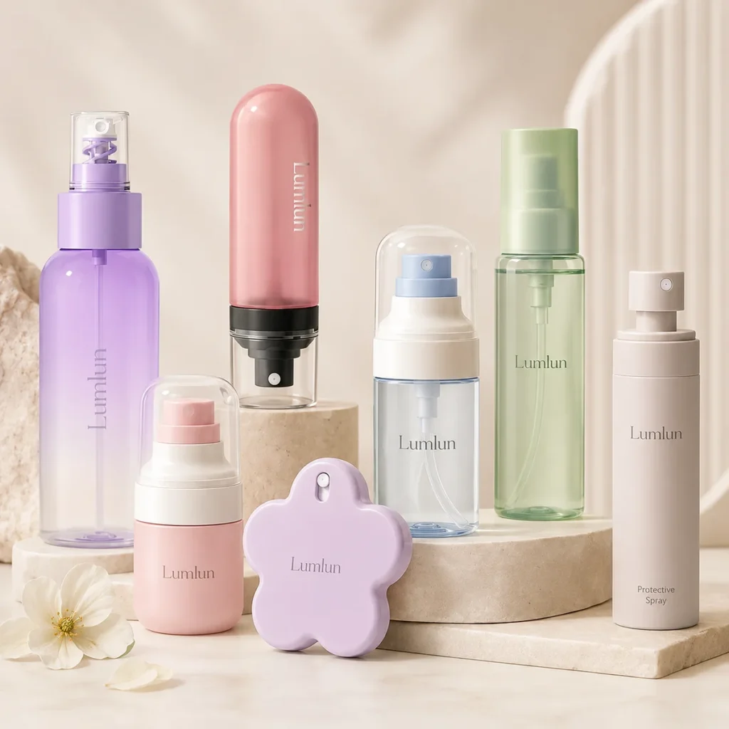 Seven LumLun fine mist spray bottles in purple, pink, green and beige for facial mist, toner and setting spray skincare