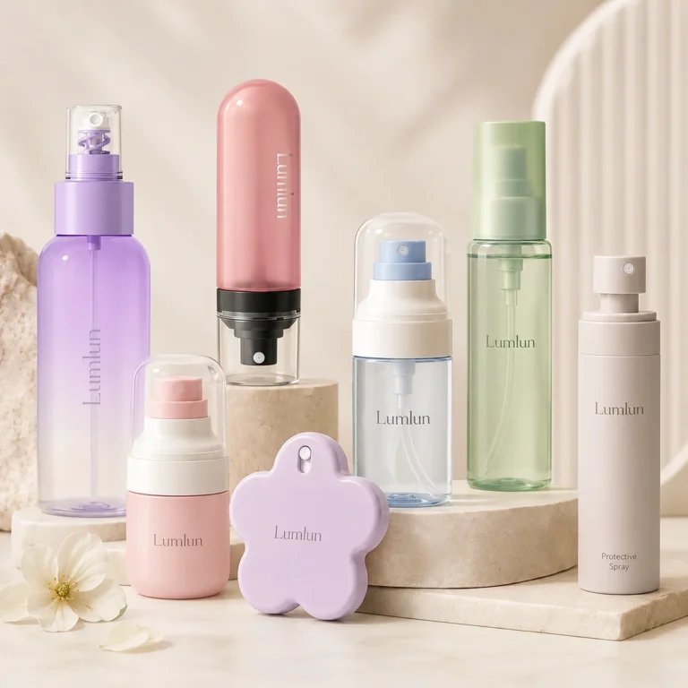 Seven LumLun fine mist spray bottles in purple, pink, green and beige for facial mist, toner and setting spray skincare