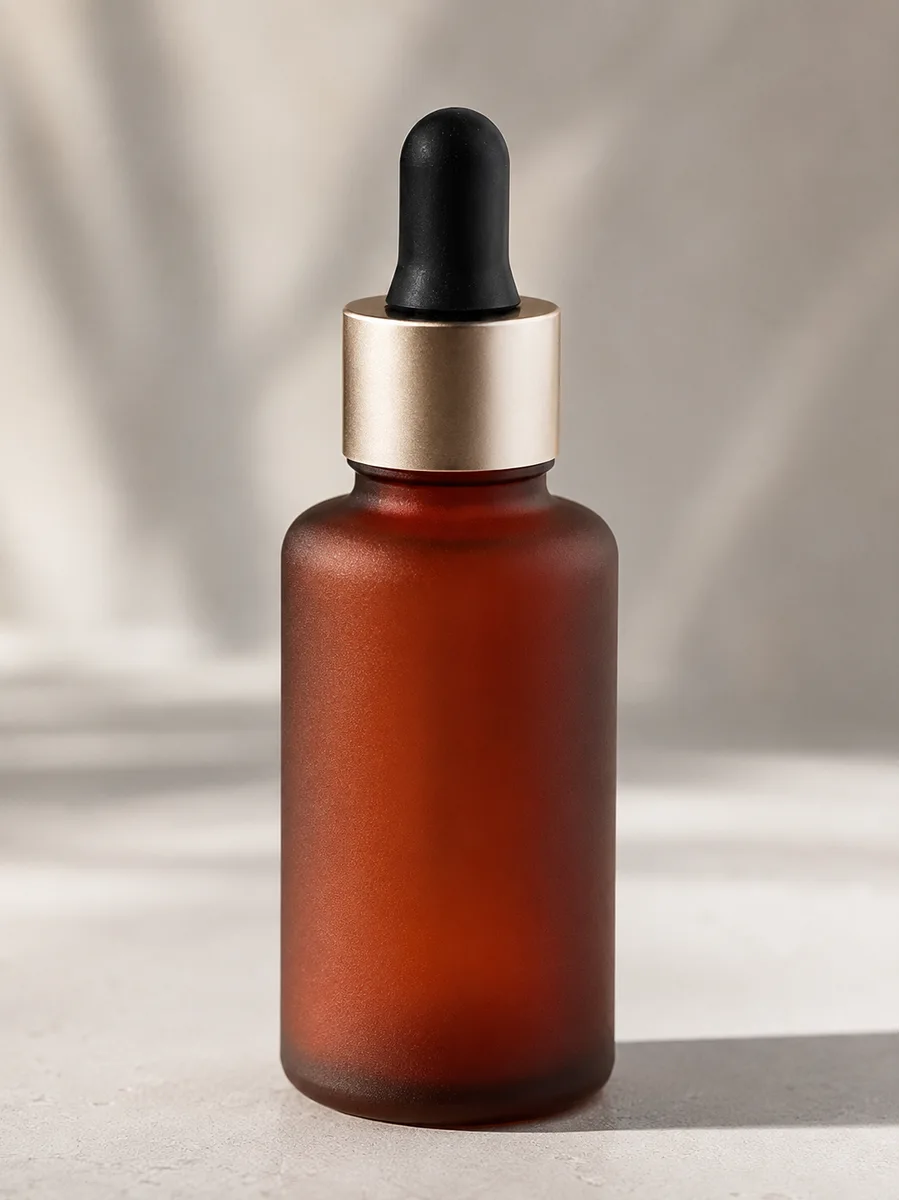 Frosted amber glass dropper bottle for skincare combining UV protection with a premium matte finish for serum packaging