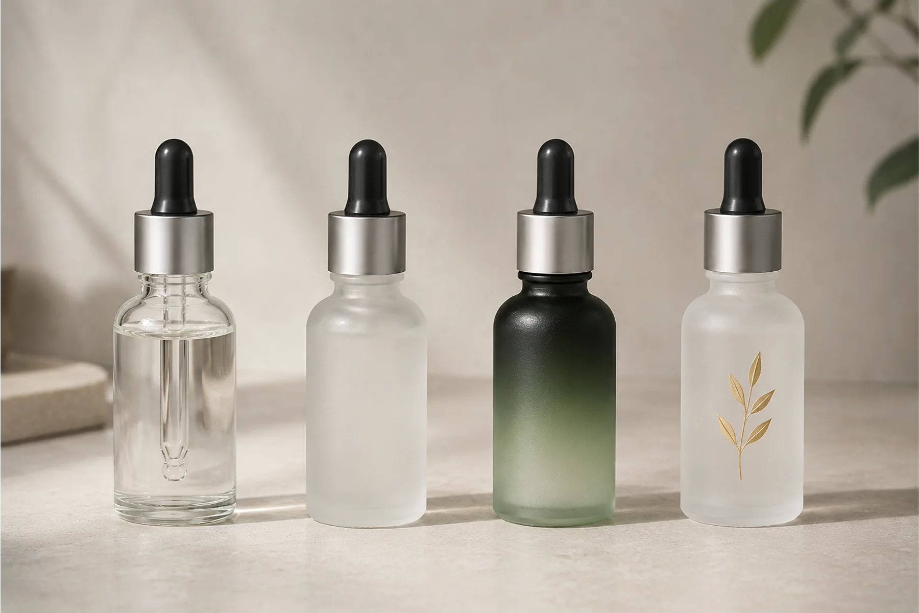 Skincare dropper bottles showing different surface finishes including frosted matte gradient coating and hot stamp metallic finish for brand customization