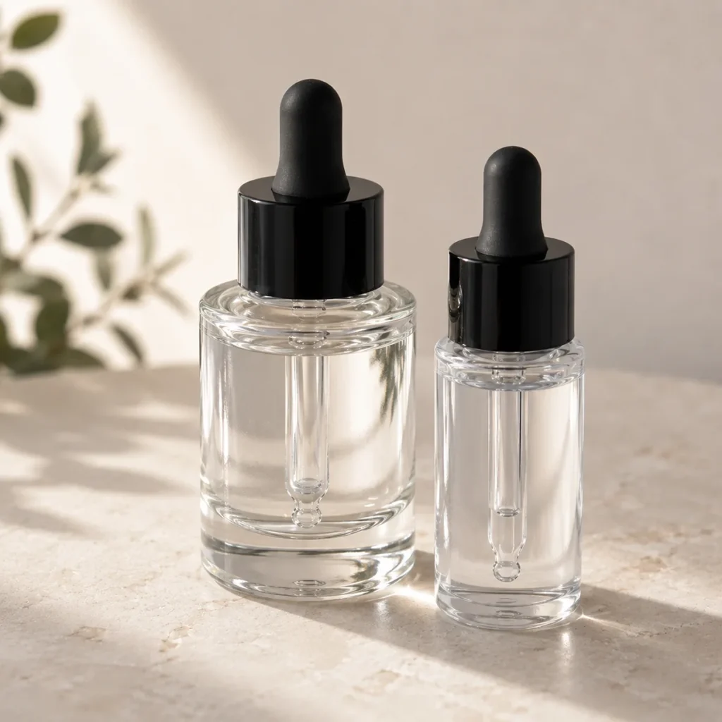 Glass and PETG PET dropper bottles for skincare compared side by side showing premium feel versus impact resistance for brand packaging decisions