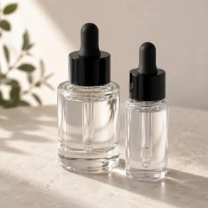 Glass and PETG PET dropper bottles for skincare compared side by side showing premium feel versus impact resistance for brand packaging decisions