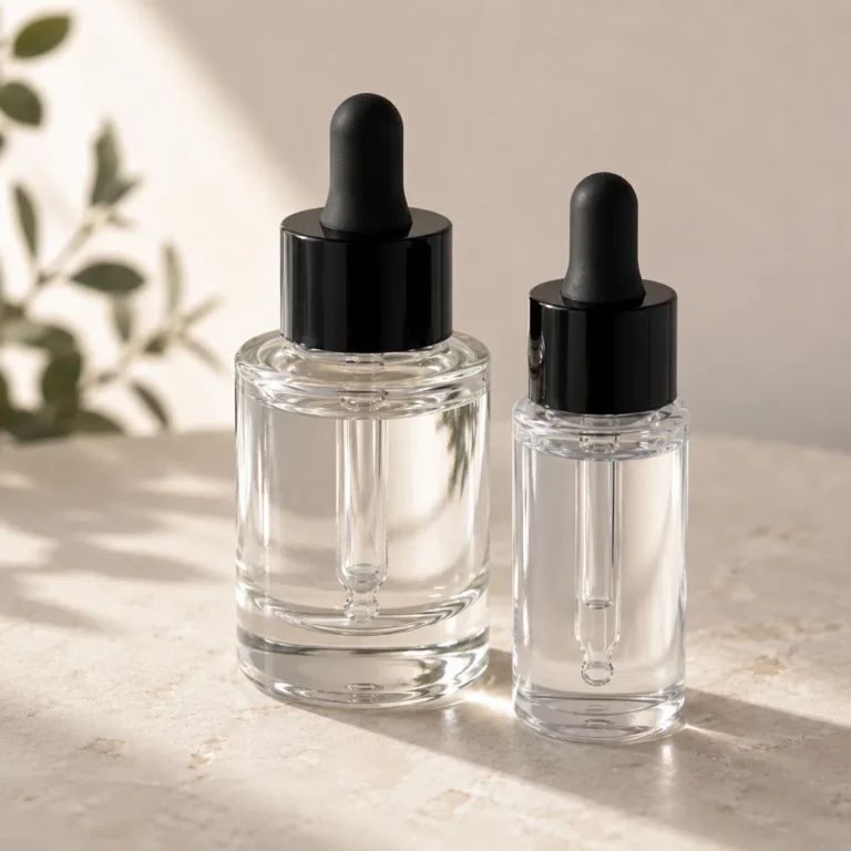 Glass and PETG PET dropper bottles for skincare compared side by side showing premium feel versus impact resistance for brand packaging decisions