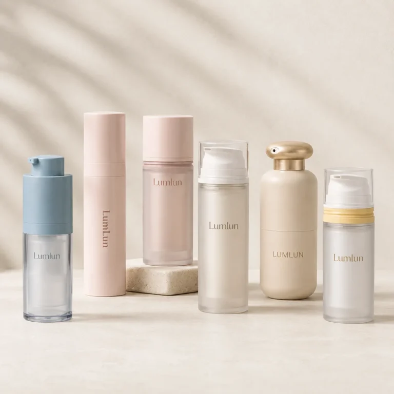 Six airless pump bottles in different sizes, colors, and finishes showing how to choose an airless pump bottle for skincare brands