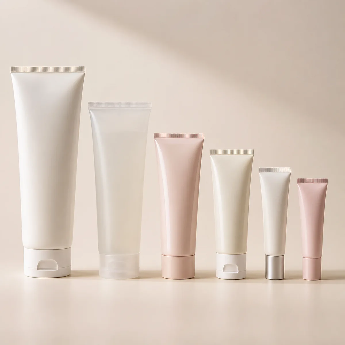 Row of cosmetic tubes in different sizes, finishes, and cap styles showing how to choose a cosmetic tube for skincare brands