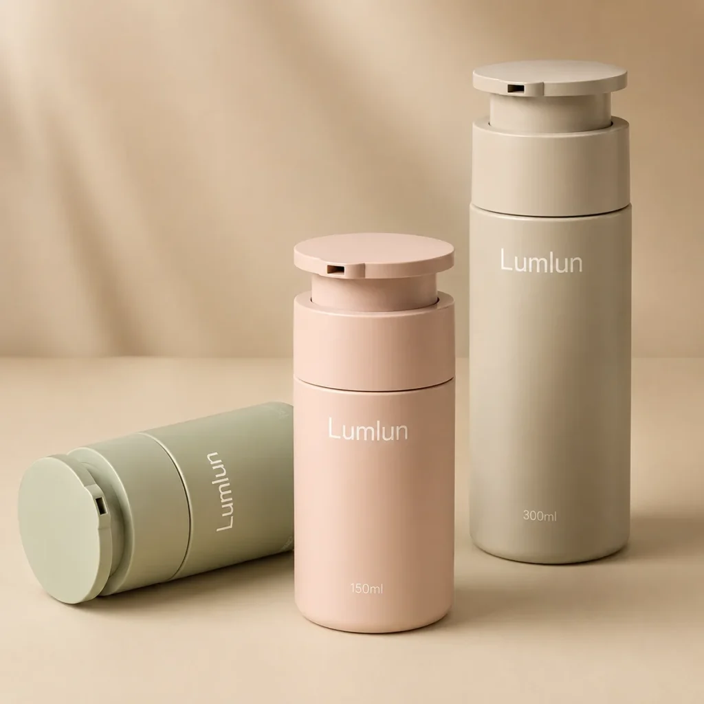PET lockable lotion pump bottles in sage, pink and taupe, 150ml and 300ml custom colors