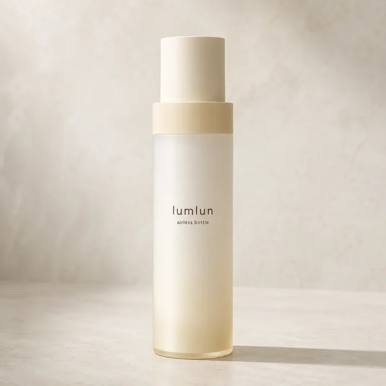Lumlun 100ml refillable PP airless bottle with a cream gradient finish and a closed cylindrical cap.