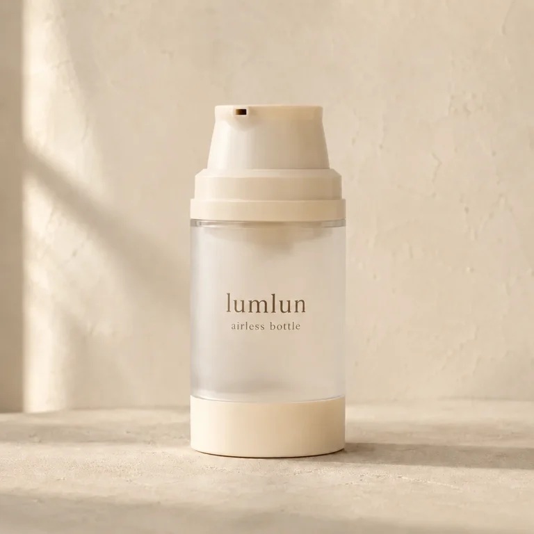 Lumlun 150ml clear airless bottle with a beige pump and frosted transparent body.