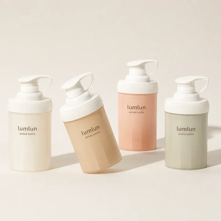 LumLun large airless pump bottles with lever pump tops in cream, beige, pink and sage green