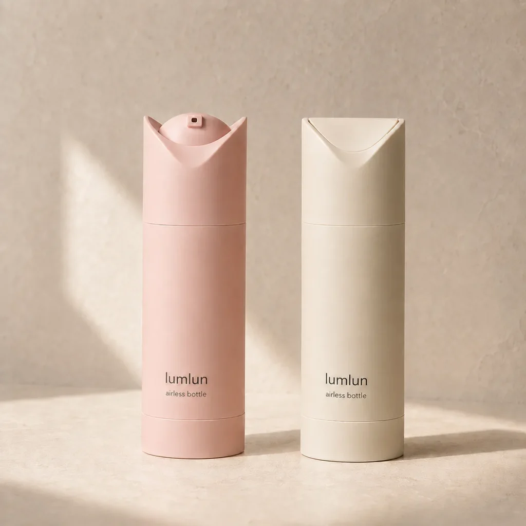 Lumlun airless bottle duo in soft pink and cream with visible twist-lock pump tops.