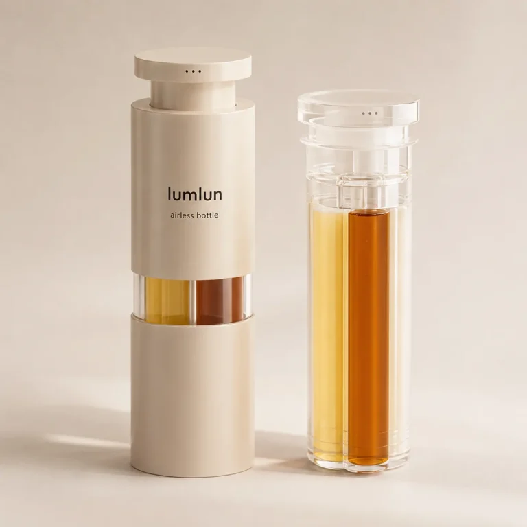 Lumlun 3x10ml multi-chamber airless bottle beside a clear refill cartridge with two colored chambers.