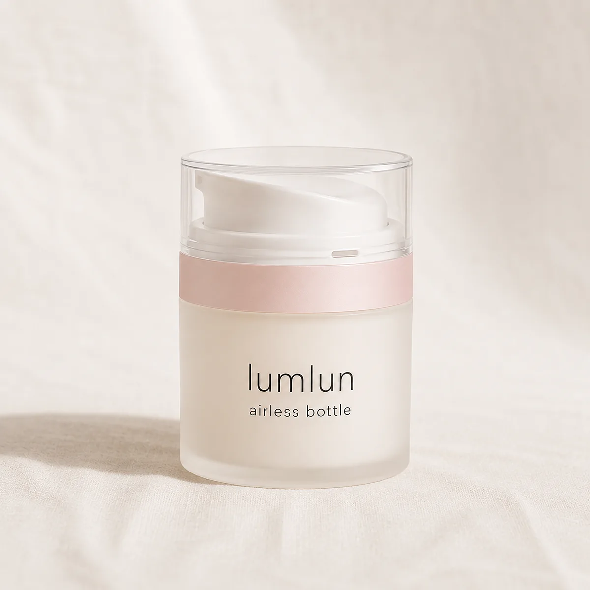 Lumlun dual-layer airless cream jar with a pink band, clear cap, and white press pump.