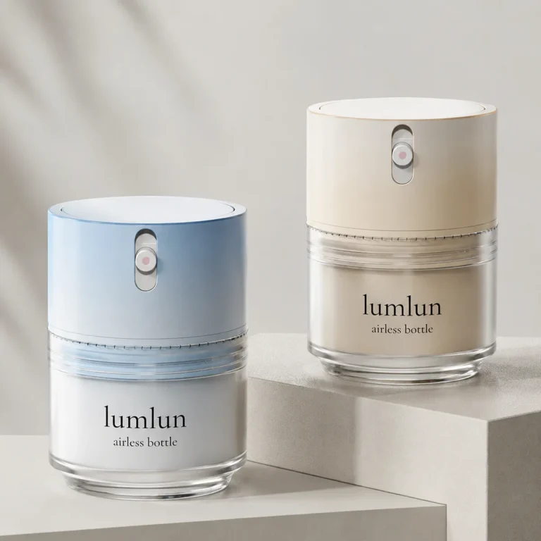 LumLun airless bottles with a button-press top, in blue, beige, lilac and white on a beige background