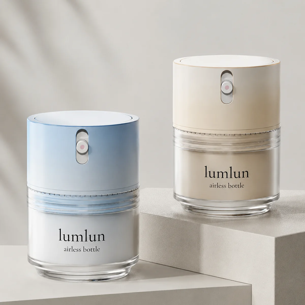 LumLun airless bottles with a button-press top, in blue, beige, lilac and white on a beige background