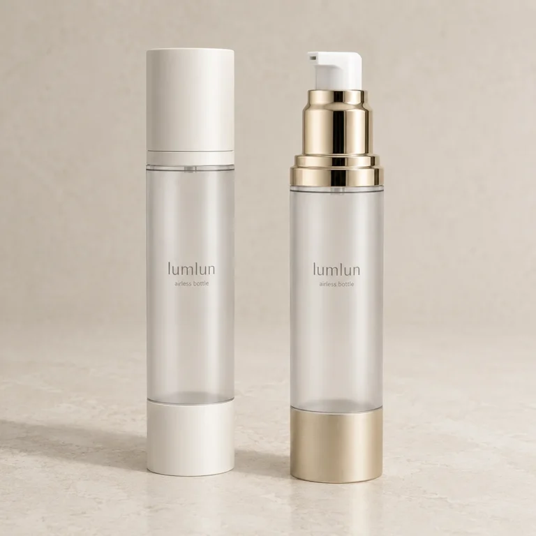 Lumlun airless bottles with clear bodies, showing one closed cap and one gold pump.