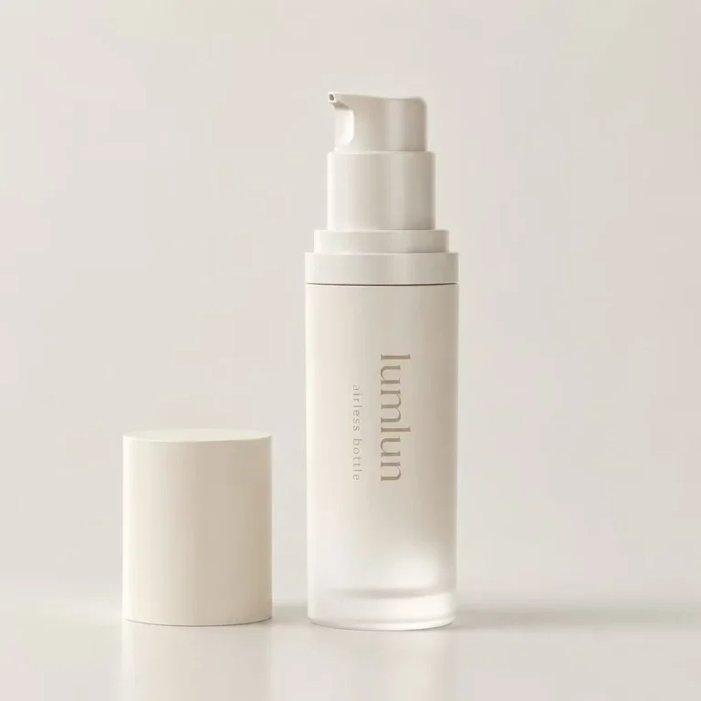 LumLun frosted cream airless bottle with the pump and cap shown beside it, single product shot