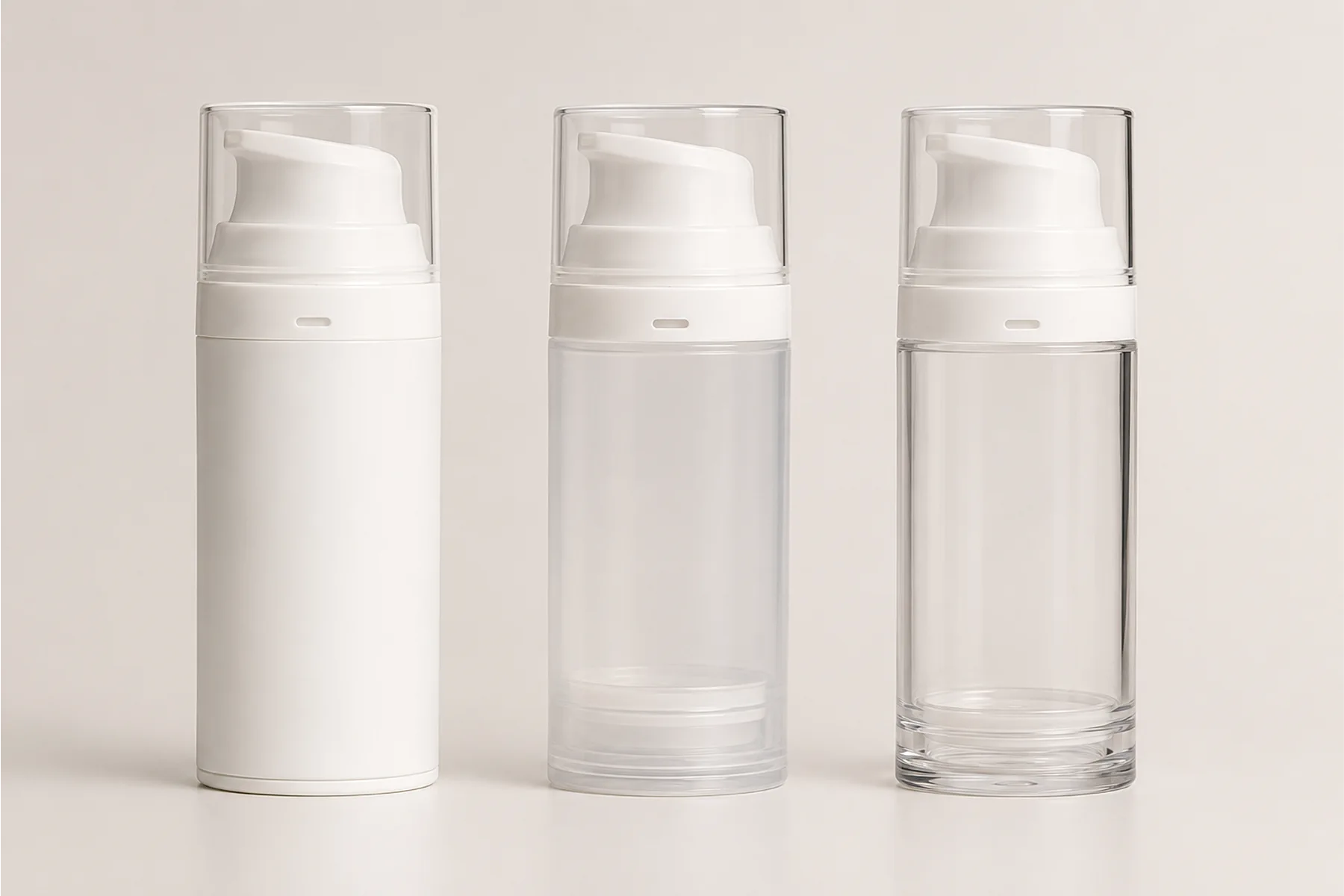 LumLun airless pump bottles in PP matte, AS glossy, and PETG crystal-clear shells showing OEM shell material options for skincare brands