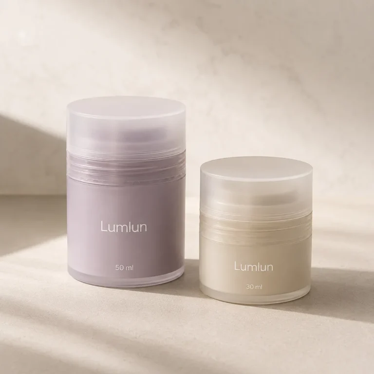LumLun frosted airless cream jars in lilac and beige, 30ml and 50ml, on a stone surface