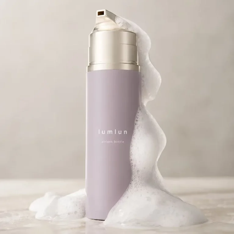 LumLun lilac airless foaming bottle with a gold pump top, dispensing foam down the side