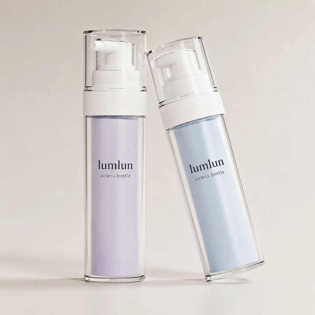 Two Lumlun airless pump bottles in lavender and pale blue, 30ml and 50ml sizes