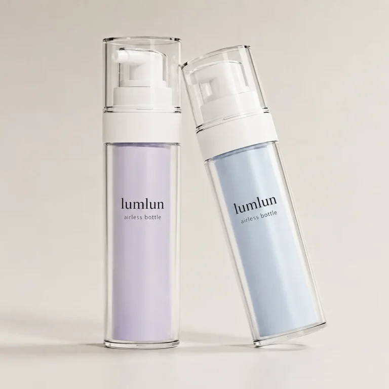 Two Lumlun airless pump bottles in lavender and pale blue, 30ml and 50ml sizes