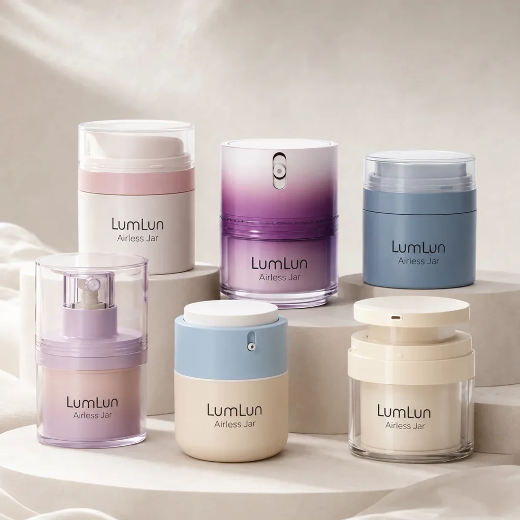 Six LumLun airless pump jars in pink, purple gradient, blue and cream colors with different finishes for skincare cream